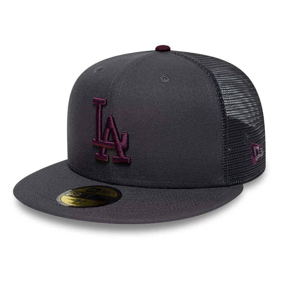 LA Dodgers MLB Hydrangea Dark Grey New Era 59FIFTY Fitted Cap, front view showing the maroon embroidered LA logo on the structured dark grey crown with a mesh back, and a gold 59FIFTY size sticker on the visor.
