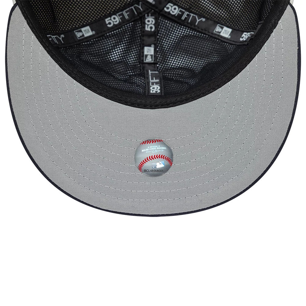 New York Yankees MLB X Gore-Tex White New Era 59FIFTY Fitted Cap, inside view showing the black taping with 59FIFTY branding, a black sweatband, and a grey undervisor fitted with an authenticity sticker featuring a baseball design.