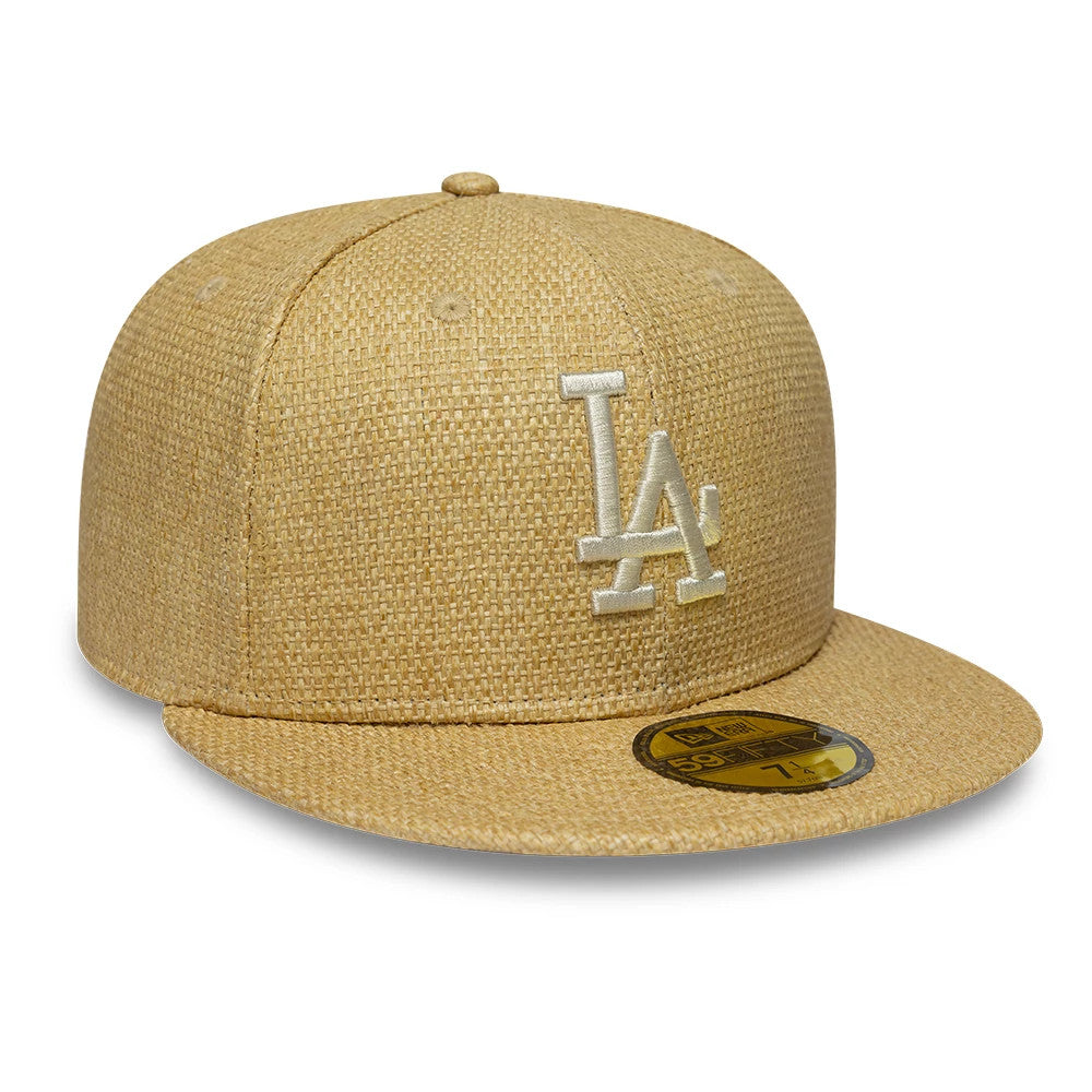 LA Dodgers MLB Straw Beige New Era 59FIFTY Fitted Cap, front view showing raised white LA logo embroidery on the front panels, with a brown flat visor and a gold 59FIFTY size sticker on top.