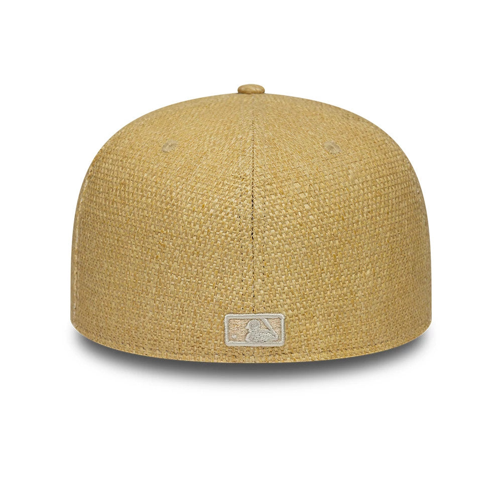LA Dodgers MLB Straw Beige New Era 59FIFTY Fitted Cap, rear view showing the beige embroidered MLB Batterman logo at the centre back of the straw-textured crown, featuring a matching top button.