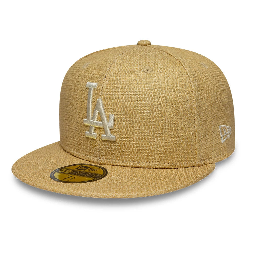 LA Dodgers MLB Straw Beige New Era 59FIFTY Fitted Cap, front view showing the raised white LA logo on the straw-textured front panel, beige visor with gold 59FIFTY size sticker, and New Era flag logo on the left side.