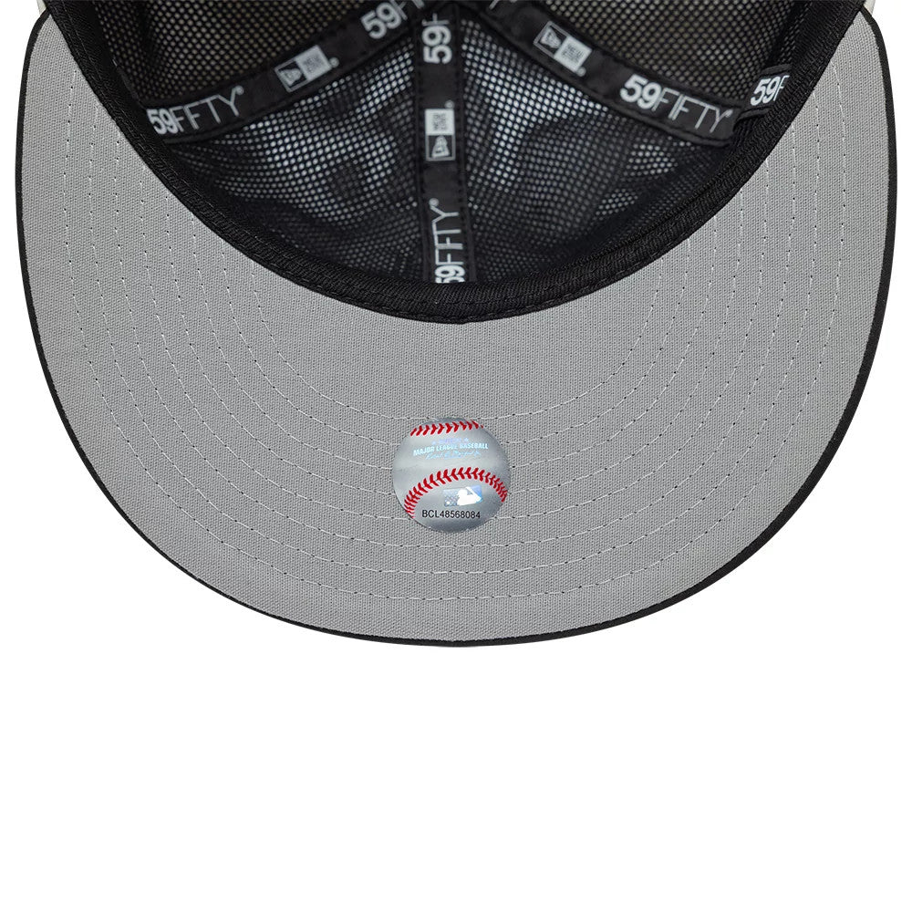 LA Dodgers MLB X Gore-Tex Black New Era 59FIFTY Fitted Cap, inside view showing the grey undervisor with a baseball hologram sticker, black 59FIFTY taping along the seams, and a mesh sweatband lining.