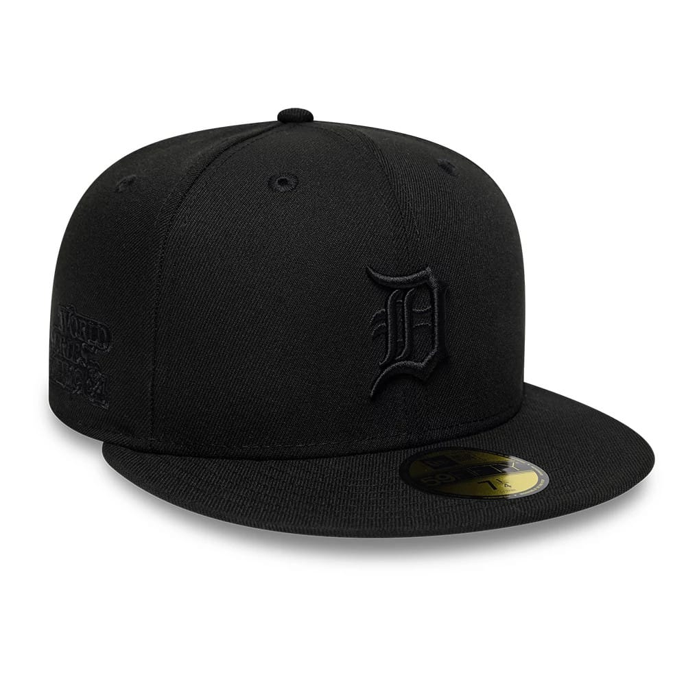 Pictured is this MLB Black On Black Detroit Tigers 59FIFTY Fitted cap in black. 3