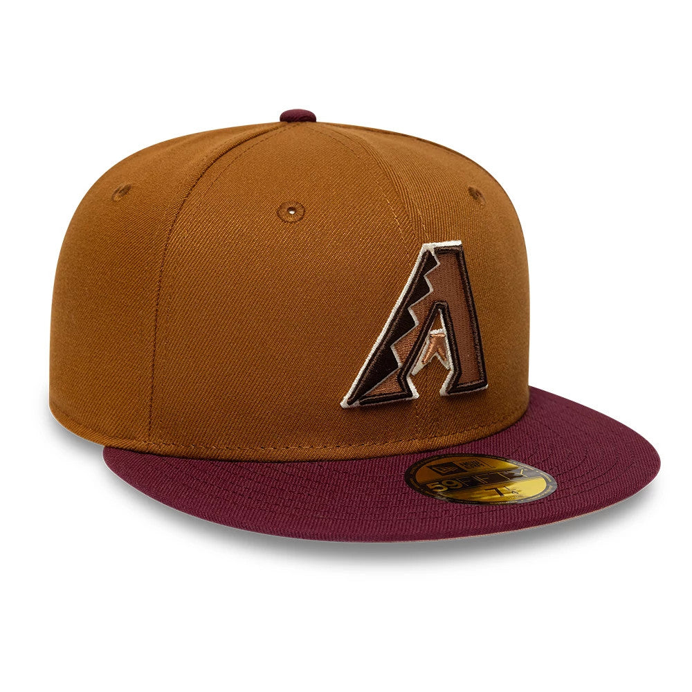 Arizona Diamondbacks MLB Mocha Mousse Dark Beige New Era 59FIFTY Fitted Cap, front view showing a raised embroidered A logo in brown and white on the structured beige crown, with a contrasting dark beige visor and gold 59FIFTY size sticker.