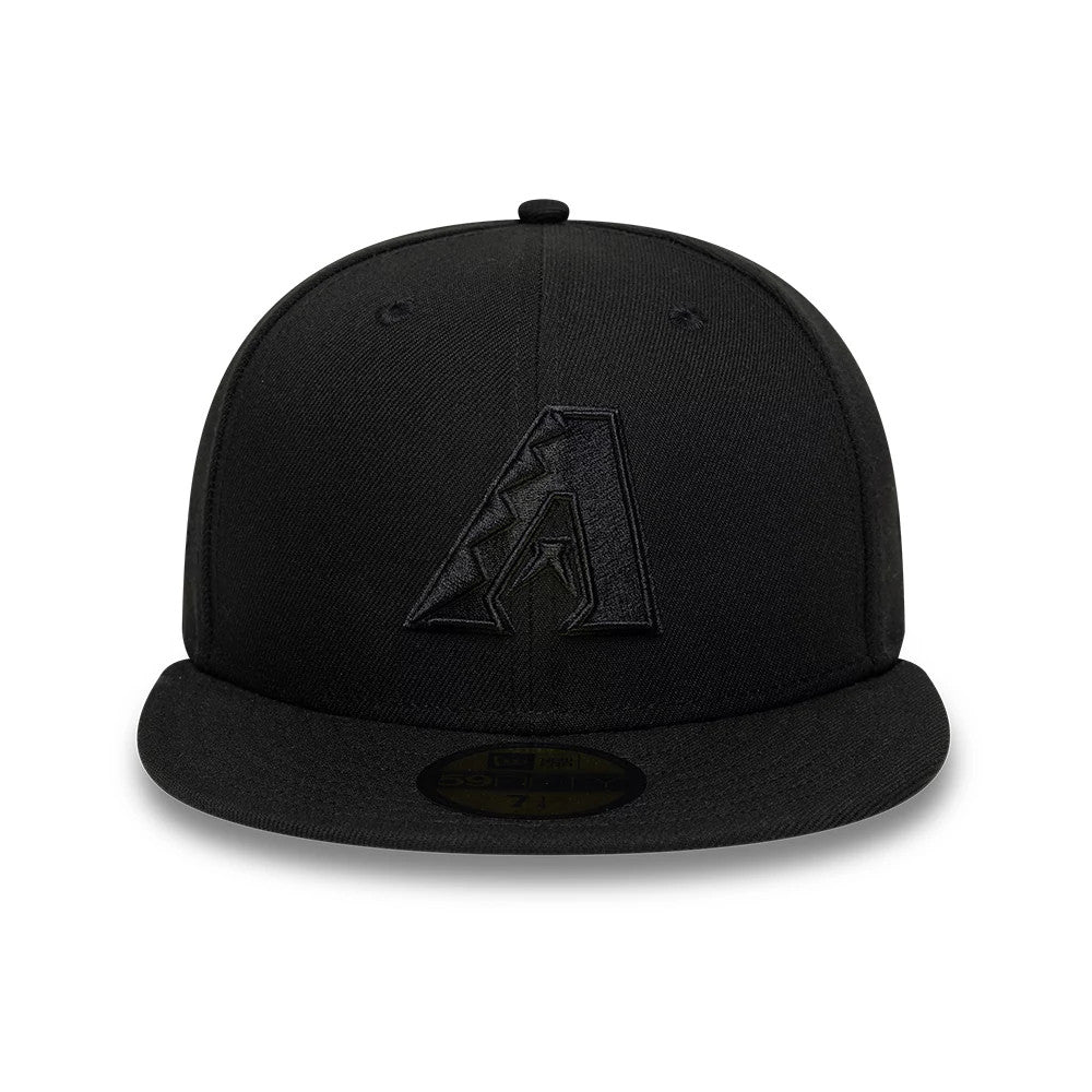 Arizona Diamondbacks MLB Black On Black New Era 59FIFTY Fitted Cap, front view with a raised black embroidered A logo on the front panel, a top button and eyelets, and a gold 59FIFTY size sticker on the visor.