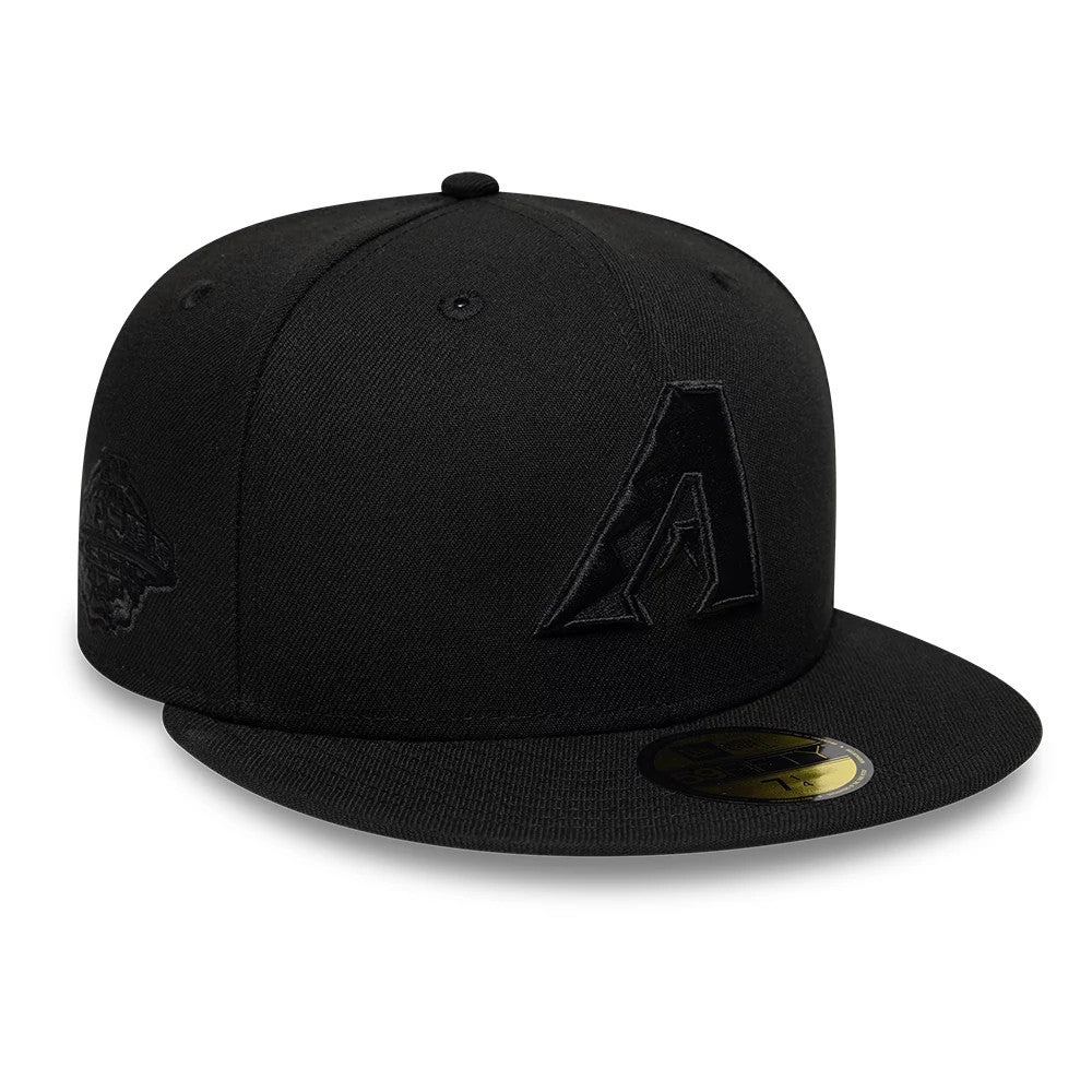 Arizona Diamondbacks MLB Black On Black New Era 59FIFTY Fitted Cap, front view showing raised black embroidered A logo on the front panel, flat black visor with gold 59FIFTY size sticker, and side logo embroidery.