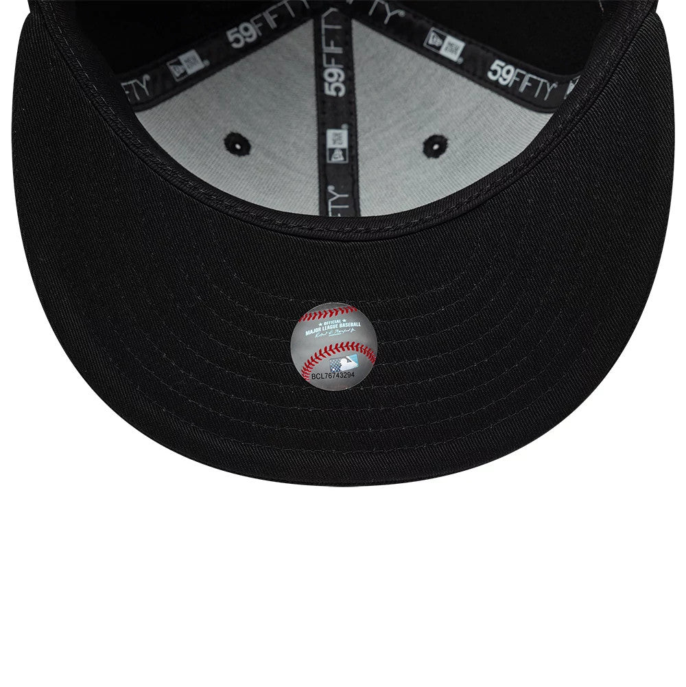 Arizona Diamondbacks MLB Black On Black New Era 59FIFTY Fitted Cap, inside view showing the grey undervisor with a round sticker, black internal taping with 59FIFTY branding, and black sweatband along the edge.
