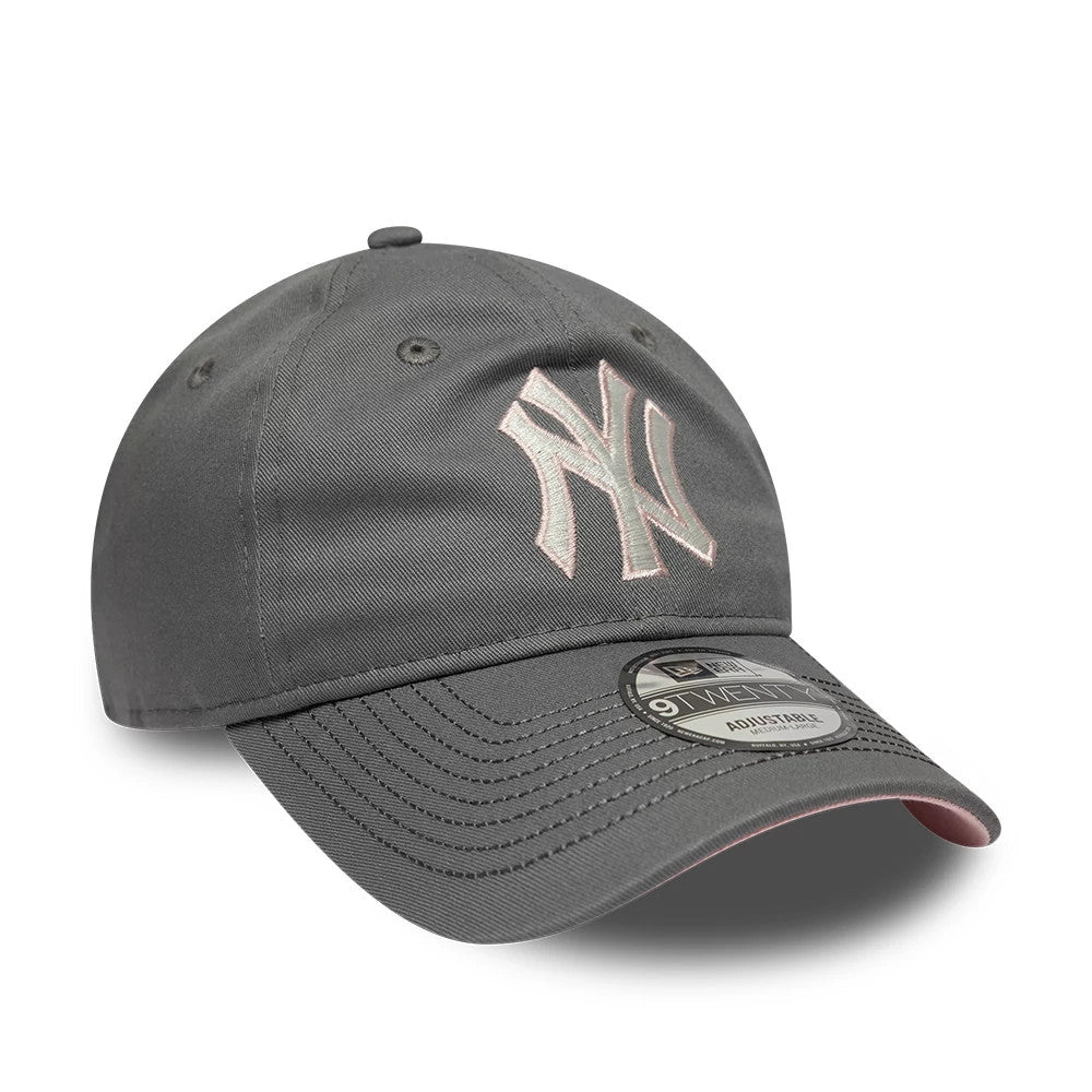 New York Yankees MLB Sakura Nagashi Grey New Era 9TWENTY Adjustable Cap, three-quarter view showing a pink-outlined NY logo embroidered on the front panel, with a curved visor, pink stitching, and a 9TWENTY size sticker on top.