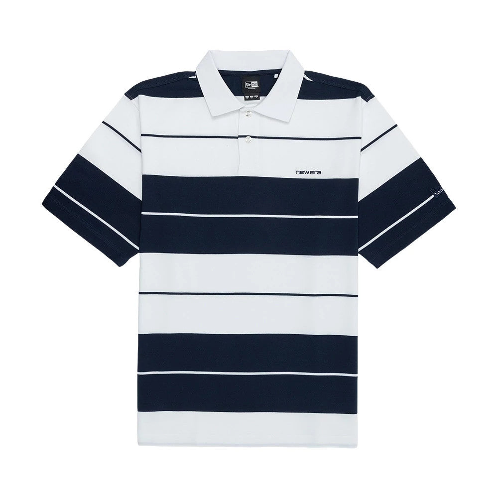 The model is wearing this New Era Stripe Polo T-Shirt in white. 7
