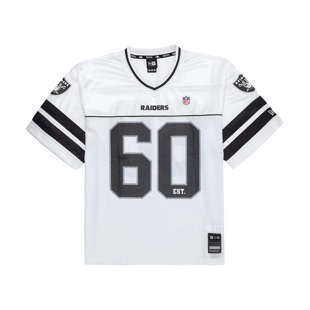 The model is wearing this NFL Las Vegas Raiders Mesh Jersey in white. 7
