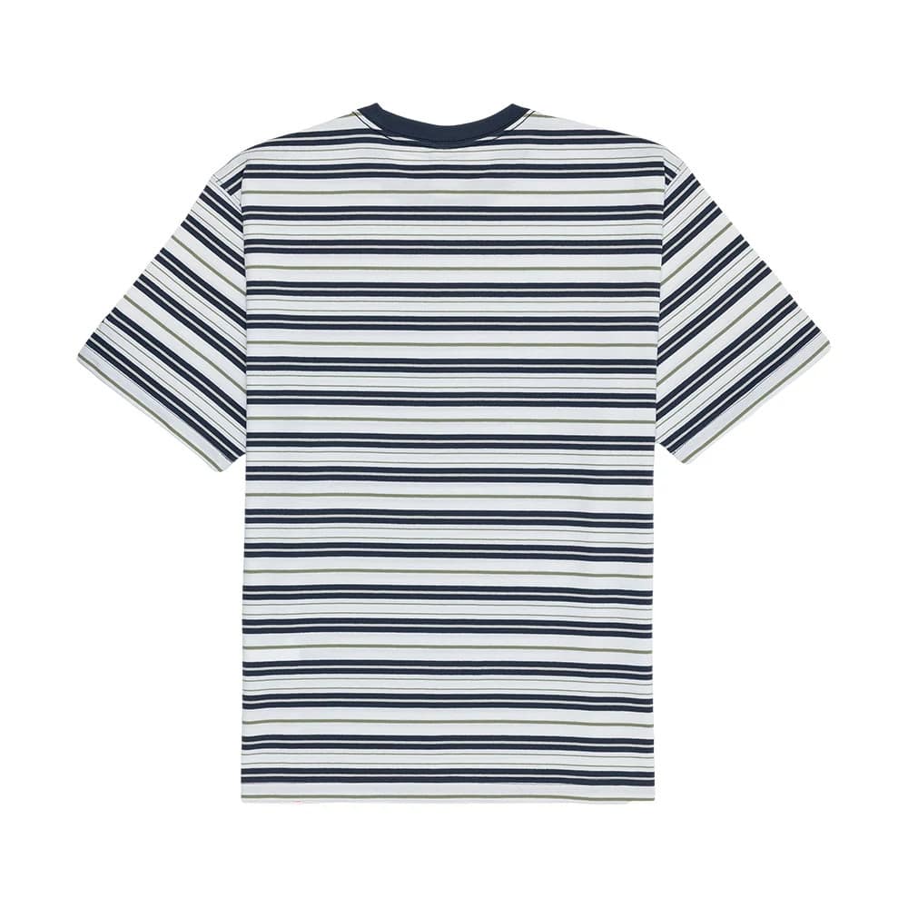 The model is wearing this New Era Boarder Stripe T-Shirt in white. 2