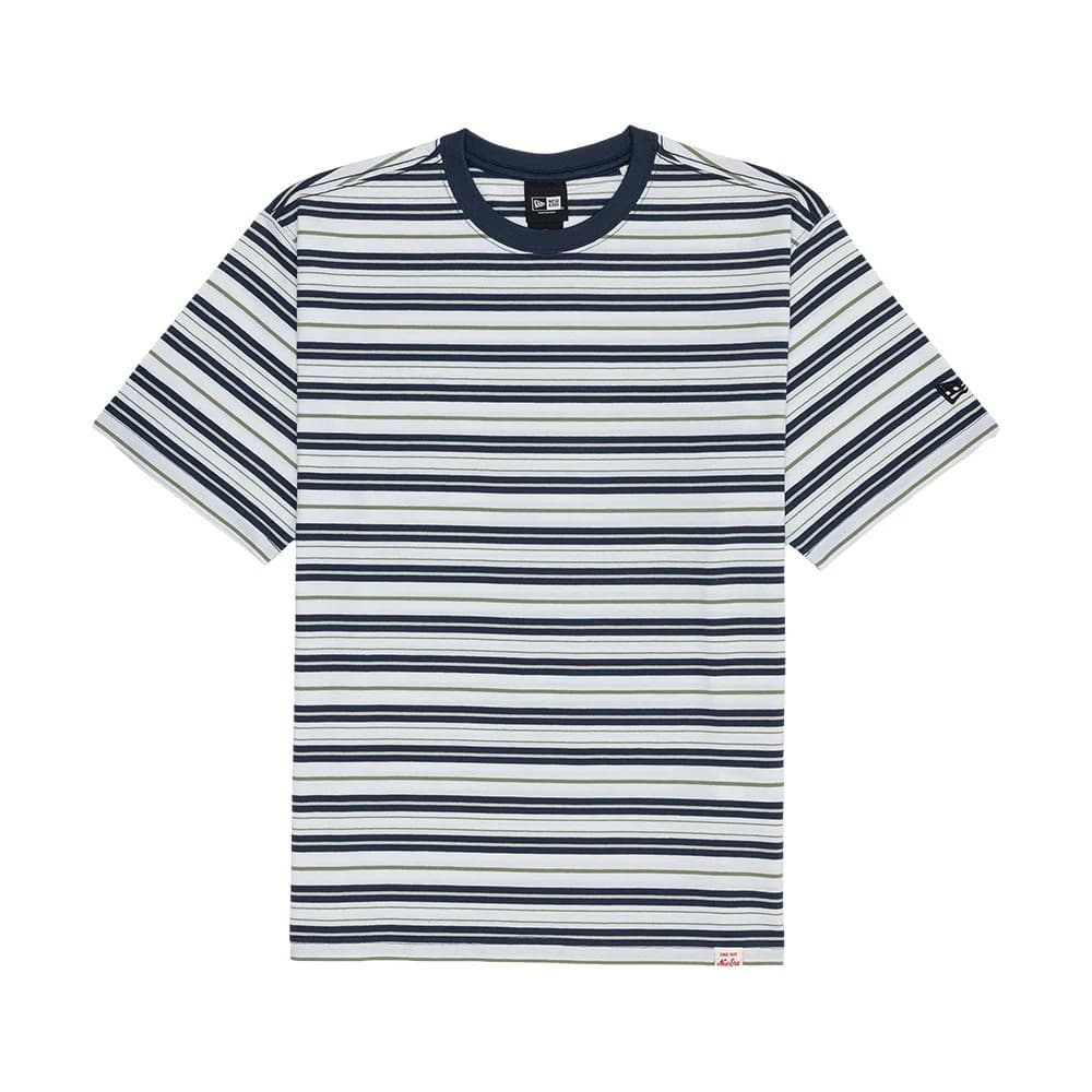 The model is wearing this New Era Boarder Stripe T-Shirt in white. 1