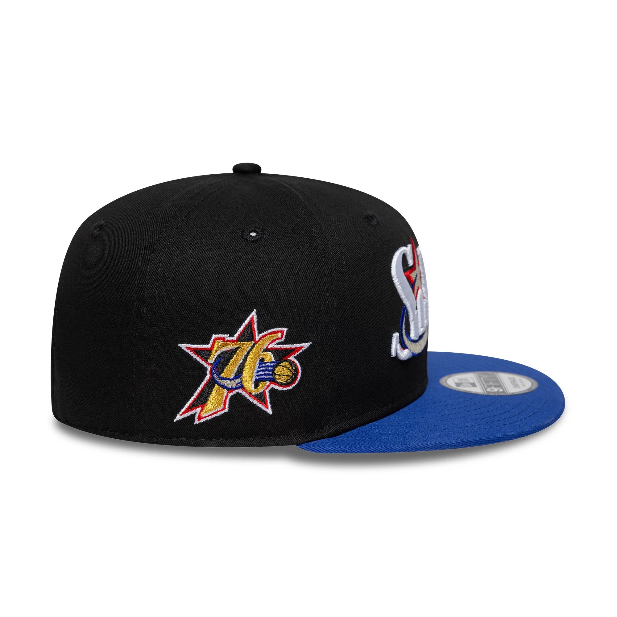 Pictured is this NBA Hardwood Classic Philadelphia 76ers 9FIFTY Snapback cap in black & blue. 4