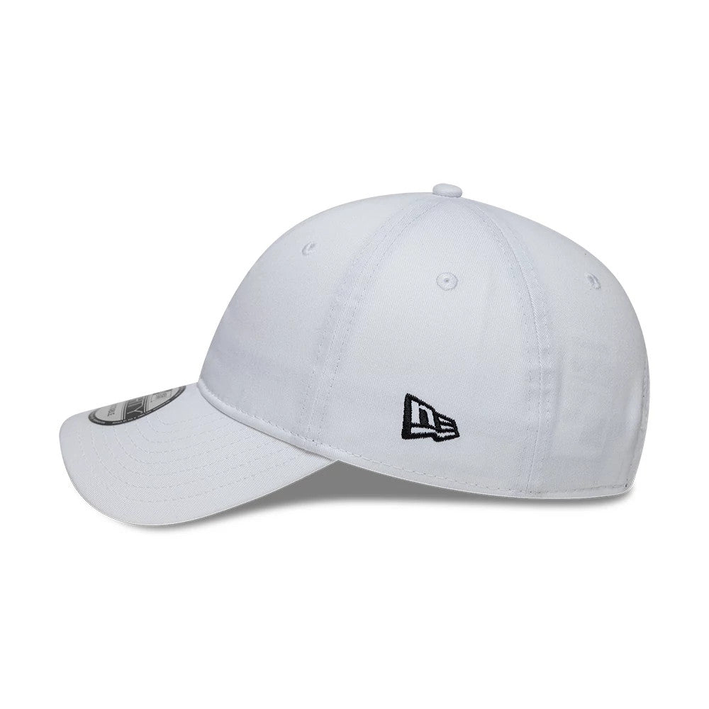 New York Yankees MLB Spray Paint White New Era 9FORTY Adjustable Cap, side view showing the black embroidered New Era flag logo on the left side, curved visor, and silver 9FORTY size sticker on top of the visor.