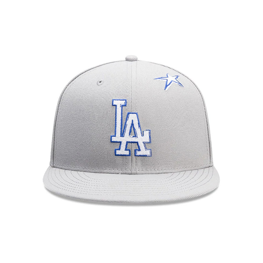 Los Angeles Dodgers MLB Punkcore Grey New Era 59FIFTY Fitted Cap, front view showing raised blue LA logo embroidery on the structured grey crown, with a star emblem on the left side and matching grey flat visor.