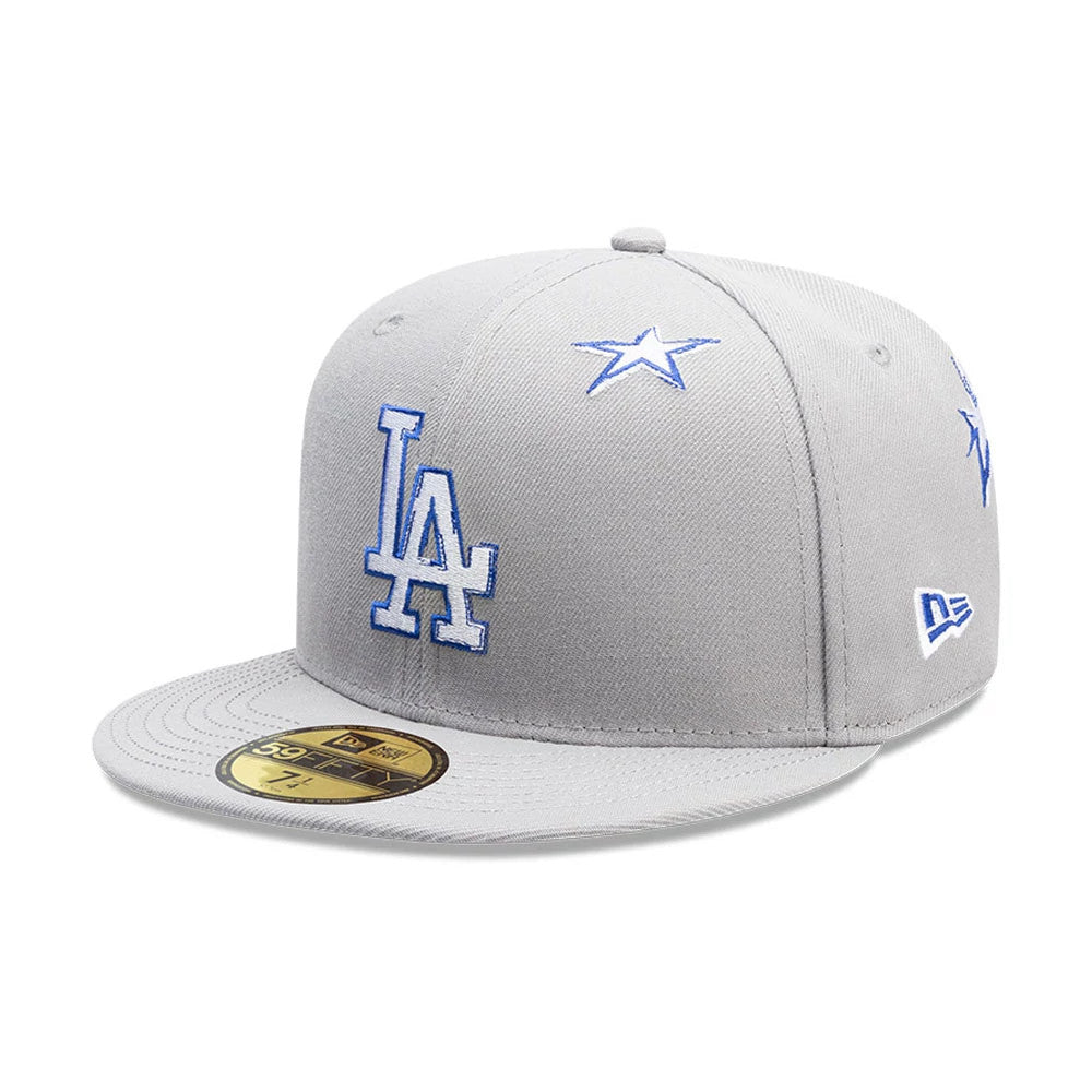Los Angeles Dodgers MLB Punkcore Grey New Era 59FIFTY Fitted Cap, front view showing raised blue LA logo embroidery on the front panel, blue star details on the crown, and a gold 59FIFTY size sticker on the grey visor.