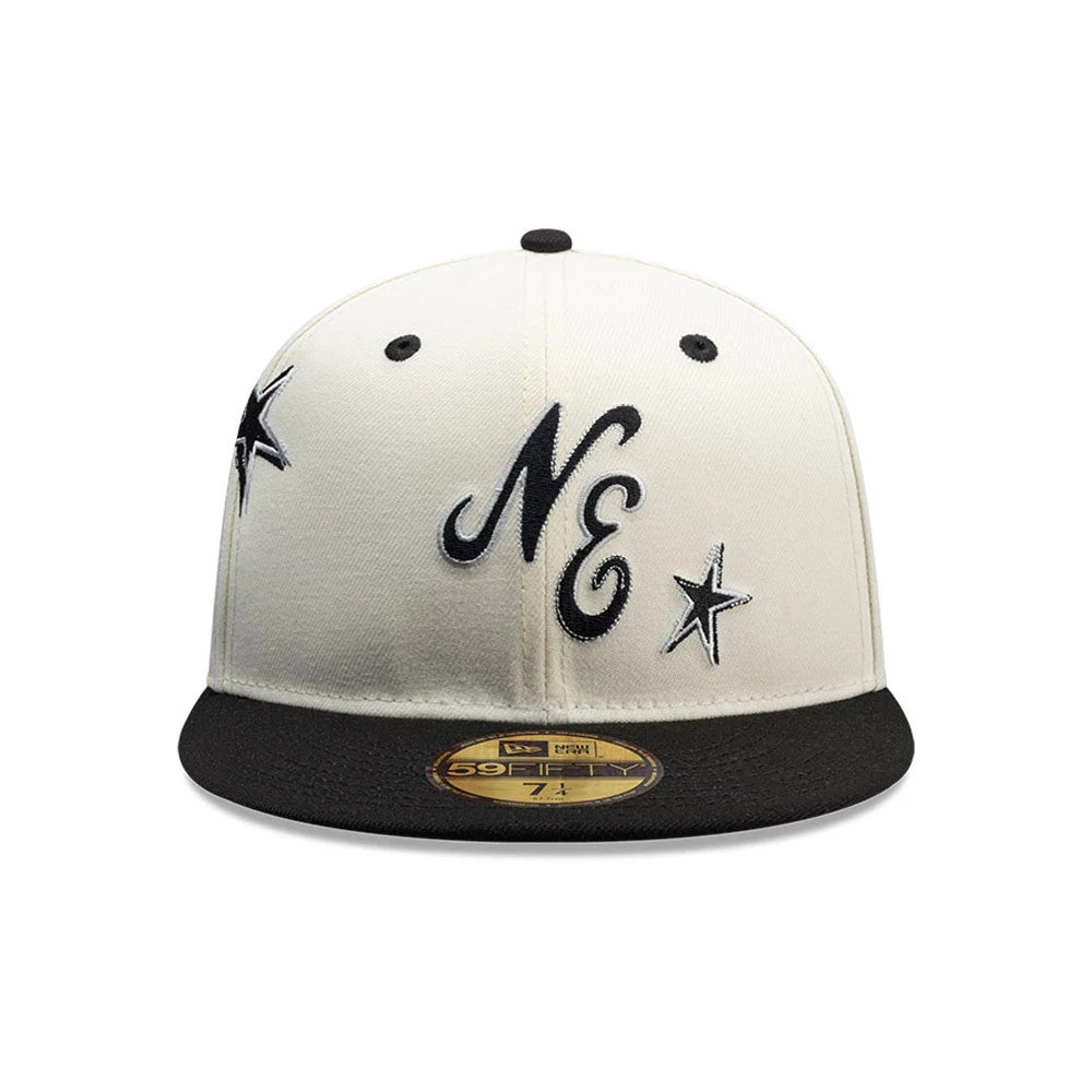 New Era Punkcore White & Black 59FIFTY Fitted Cap, front view with black and white "NE" and star embroidery on the front panel, black flat visor, black top button, and gold 59FIFTY size sticker on the visor.