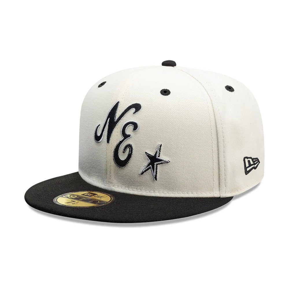 New Era Punkcore White & Black New Era 59FIFTY Fitted Cap, three-quarter view showing raised embroidery of NE and a star on the front panel, a black flat visor with gold 59FIFTY size sticker, and New Era flag logo on the left side.