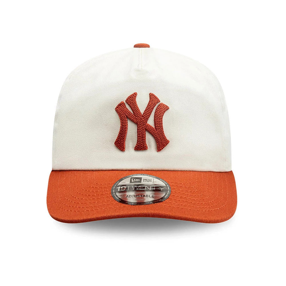 New York Yankees MLB Pack Cream & Orange New Era 19TWENTY Adjustable Cap, front view showing a raised orange NY logo on the cream front panel, with an orange visor and a 19TWENTY size sticker centred on it.