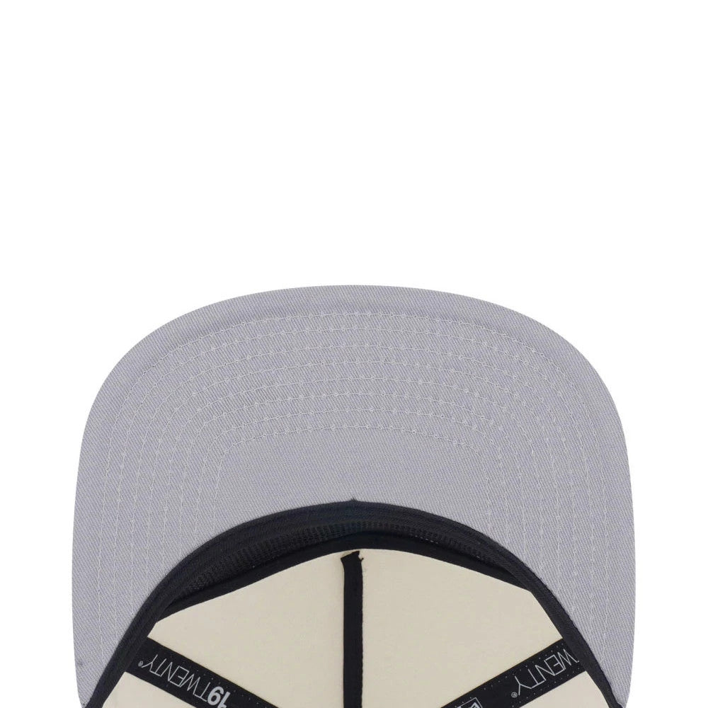 Los Angeles Dodgers MLB Pack White & Grey New Era 19TWENTY Adjustable Cap, inside view showing black taping with 19TWENTY branding on each panel seam and a grey undervisor against a cream crown interior.