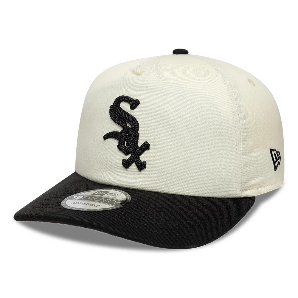 Chicago White Sox MLB Pack White & Black New Era 19TWENTY Adjustable Cap, front view showing a raised black embroidered logo on the front panel, with a contrasting black visor and a 19TWENTY size sticker.