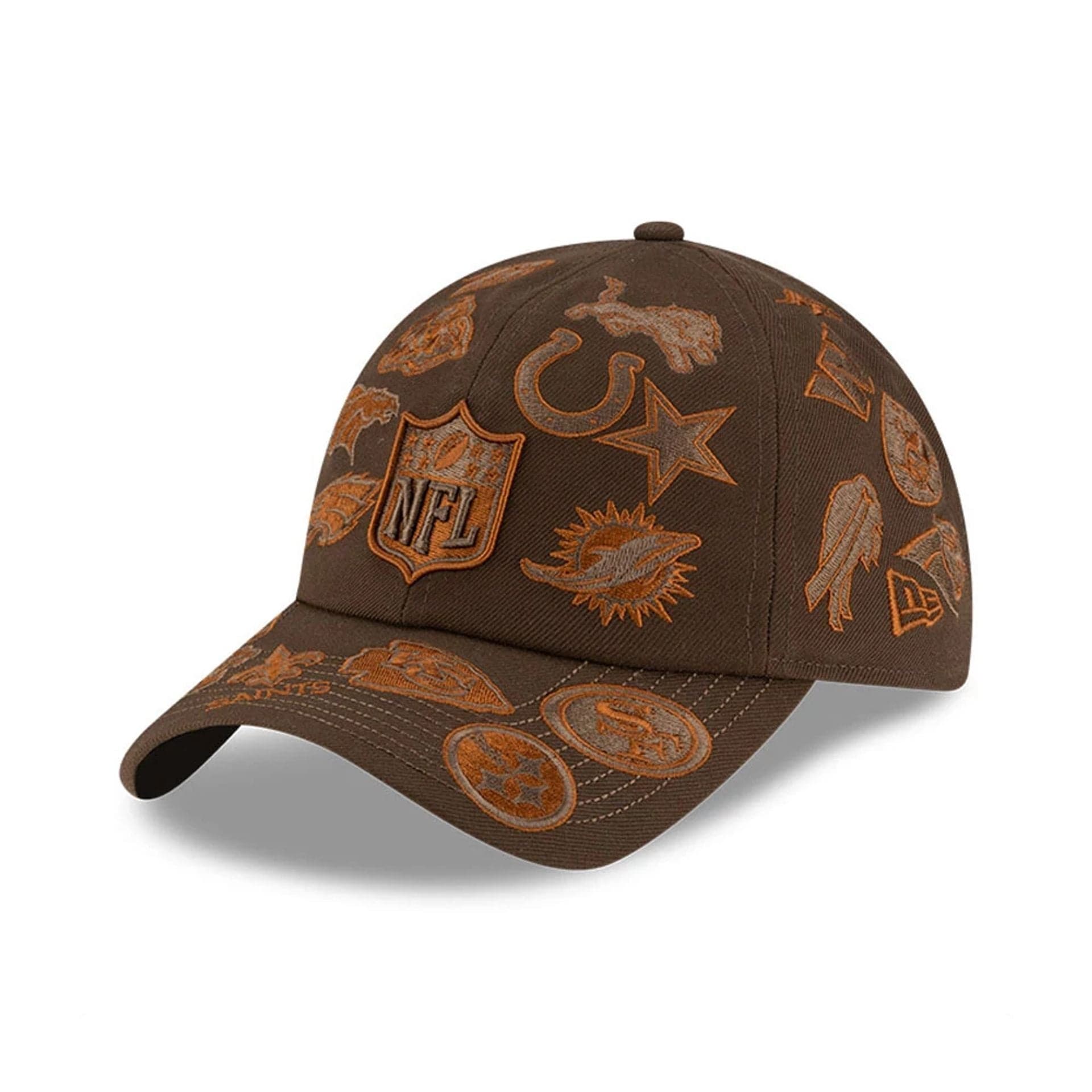 Pictured is this NFL X Bad Bunny All Over Logos Casual Classic cap in brown. 1