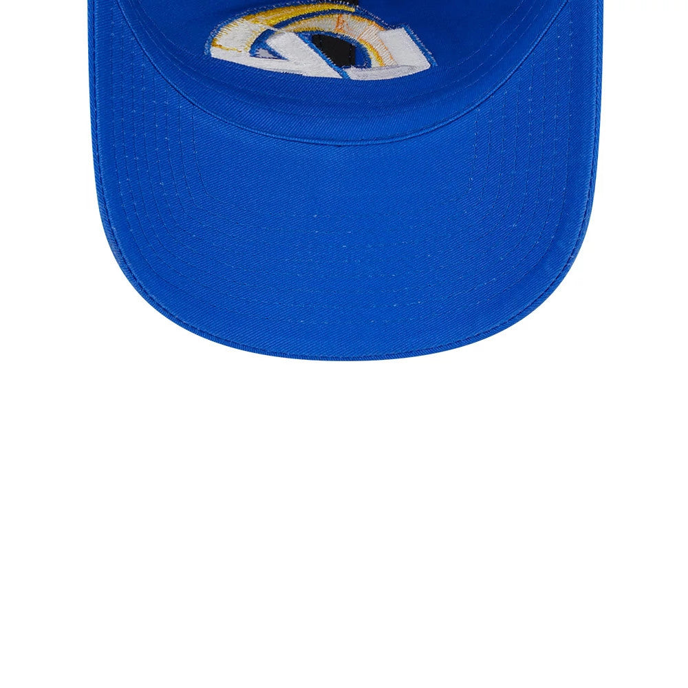 LA Rams NFL X Bad Bunny Bright Blue New Era Casual Classic Adjustable Cap, inside view showing blue sweatband, bright blue undervisor, and team logo embroidery on the underside of the crown.