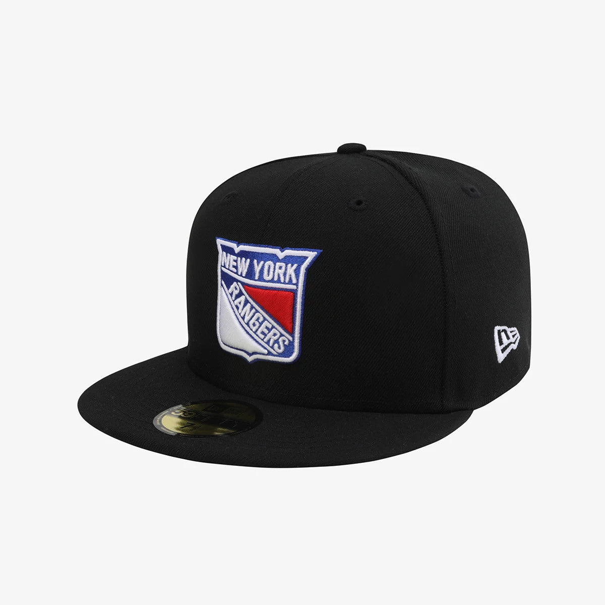 New York Rangers NHL 59FIFTY Day Black New Era 59FIFTY Fitted Cap, three-quarter view showing the front panel with raised embroidery of the team logo in blue, red, and white, a gold 59FIFTY size sticker on the flat visor, and New Era flag logo on the left side.