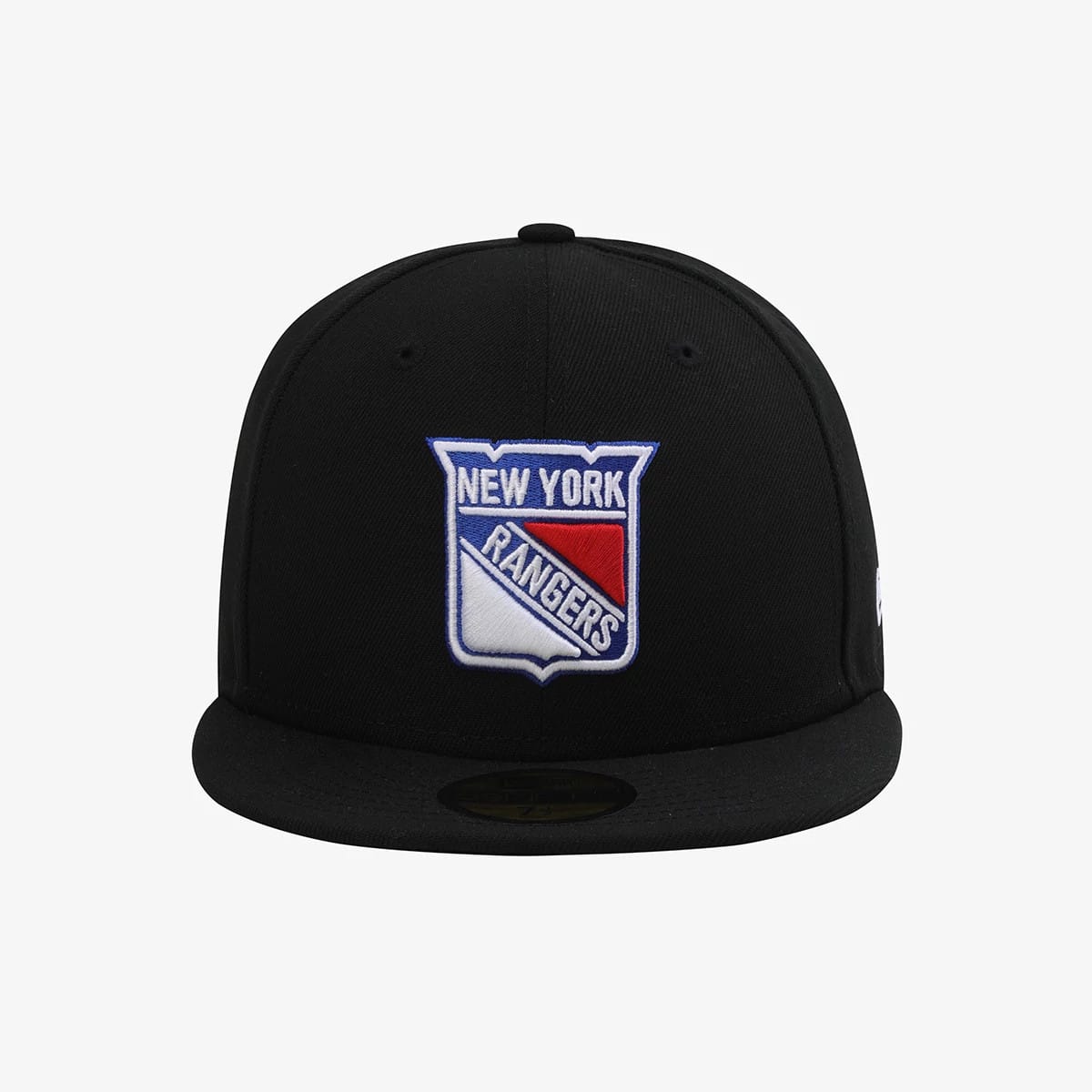 New York Rangers NHL 59FIFTY Day Black New Era 59FIFTY Fitted Cap, front view with a raised blue and white embroidered New York Rangers logo on the front panel and a gold 59FIFTY size sticker on the black visor.