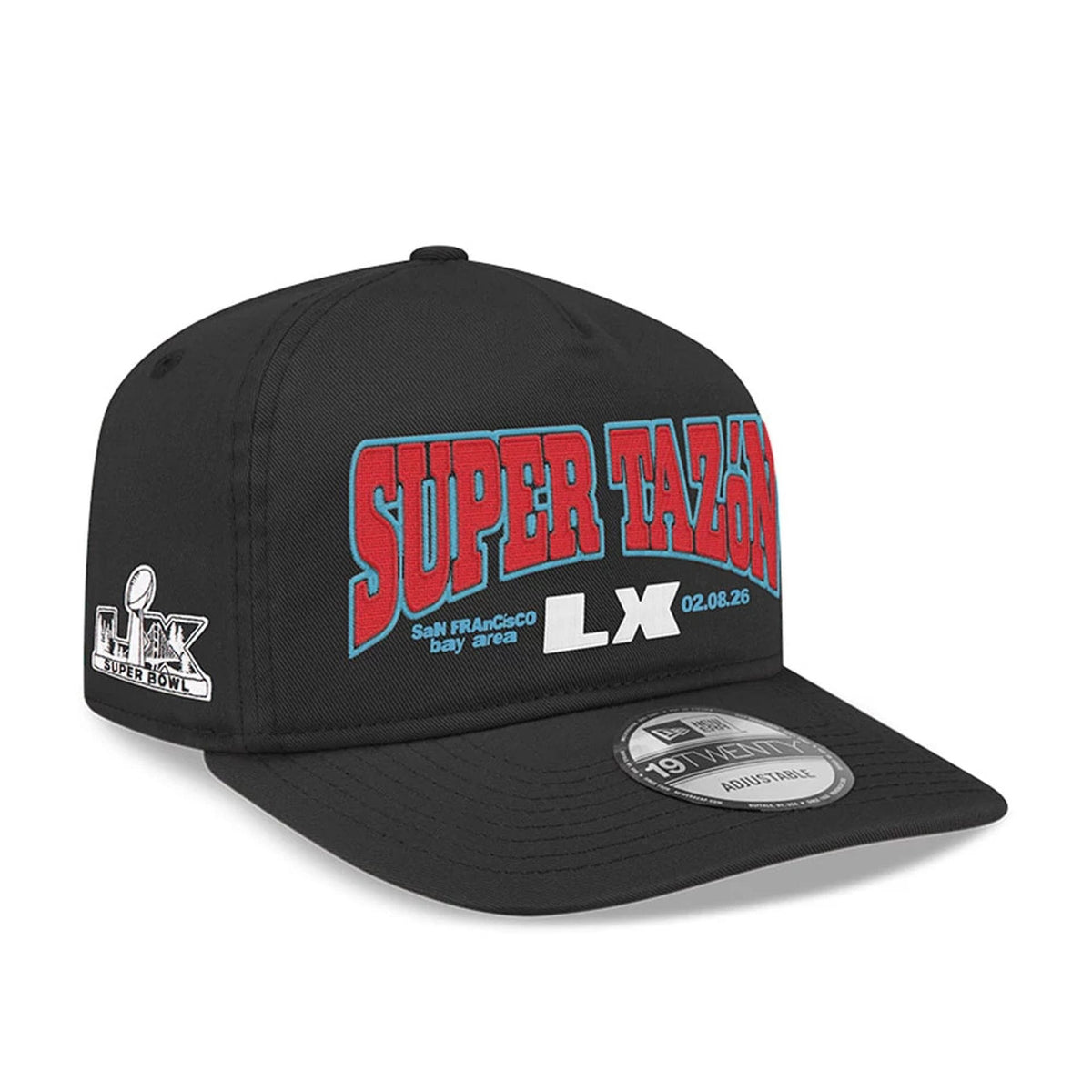 Pictured is this NFL X Bad Bunny Super Tazon LX 2026 19TWENTY Adjustable cap in black. 1