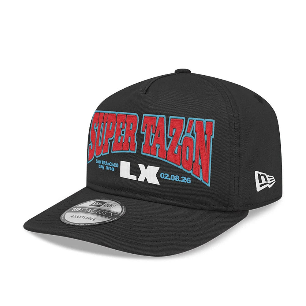NFL X Bad Bunny Super Tazon LX 2026 Black New Era 19TWENTY Adjustable Cap, front view showing raised red Super Tazon lettering on black crown, with the New Era flag logo on the left side and 19TWENTY size sticker on the visor.