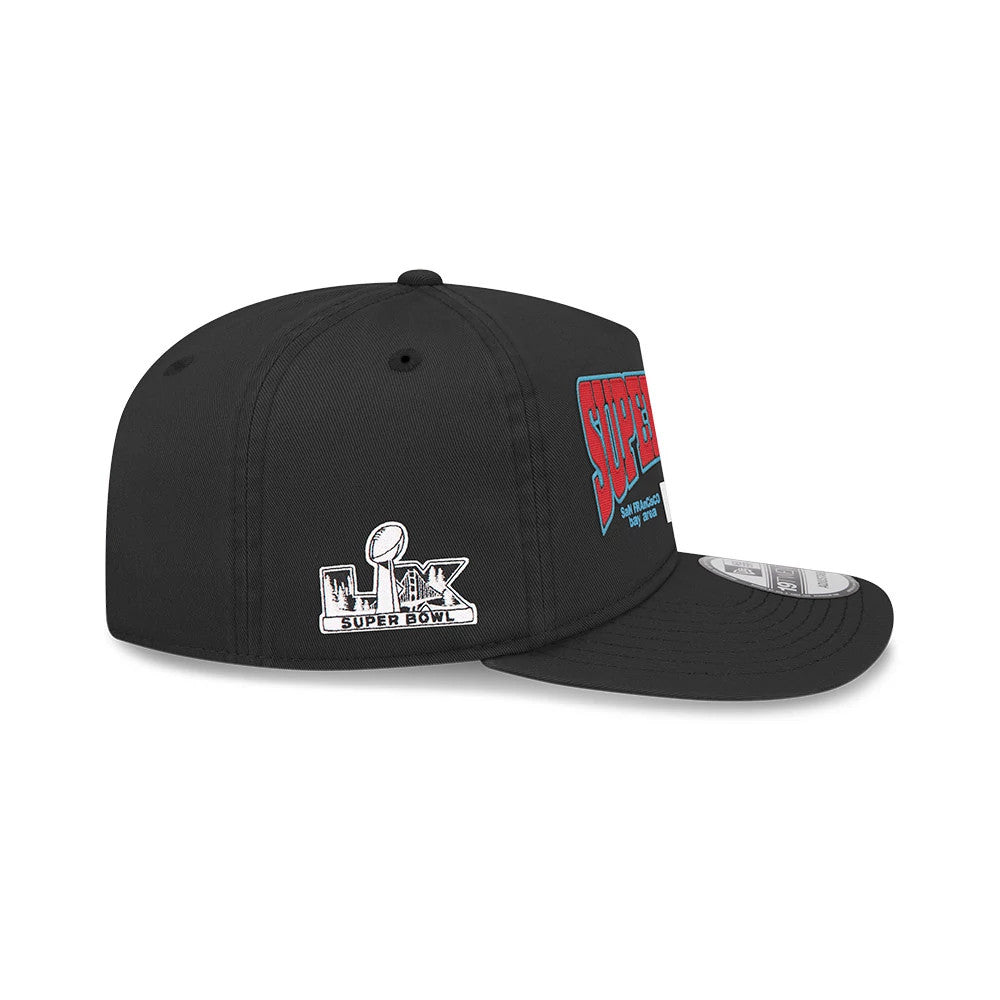 NFL X Bad Bunny Super Tazon LX 2026 Black New Era 19TWENTY Adjustable Cap, side view showing the flat embroidered LIX Super Bowl logo on the left side and partial Super Tazon text in red on the structured black crown.