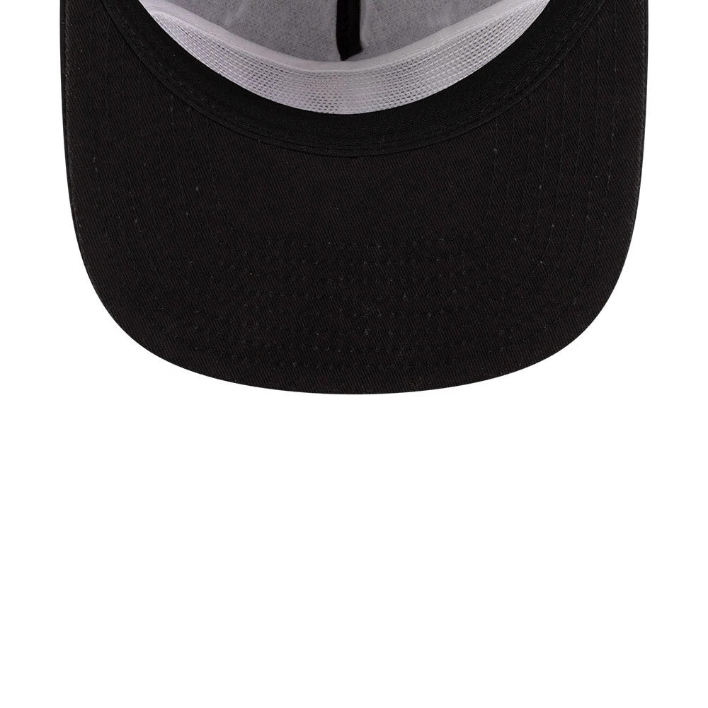 NFL X Bad Bunny Super Tazon LX 2026 Black New Era 19TWENTY Adjustable Cap, inside view showing black undervisor, grey inner taping and white sweatband, providing a close-up of the cap's internal structure.