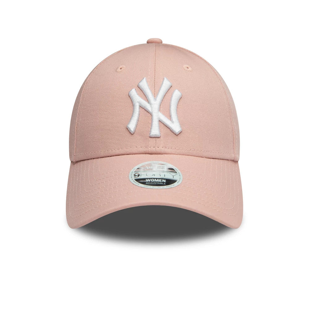New York Yankees Womens MLB League Essential Pink New Era 9FORTY Adjustable Cap, front view showing the white raised embroidered NY logo on the pink front panel with matching pink curved visor and 9FORTY size sticker.