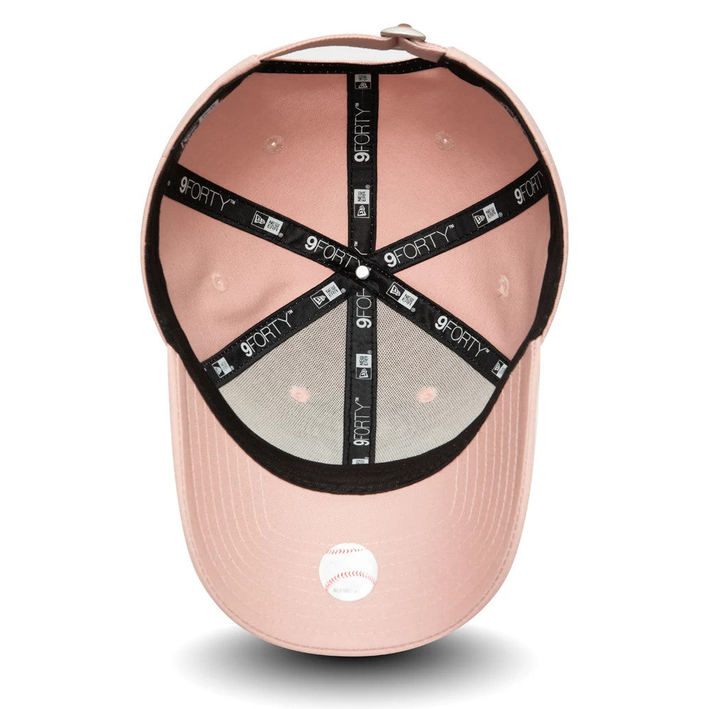 New York Yankees Womens MLB League Essential Pink New Era 9FORTY Adjustable Cap, inside view showing black taping with logos, a pink sweatband, and a grey undervisor with a 9FORTY size sticker.