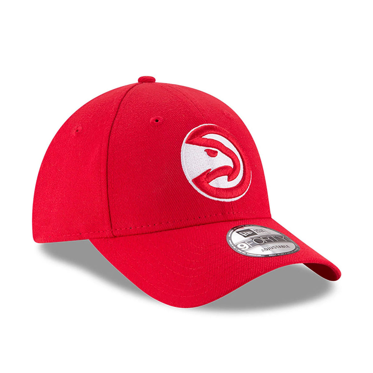 Atlanta Hawks NBA The League Red New Era 9FORTY Adjustable Cap, three-quarter view showing the raised embroidered white Hawks logo on the front panel, red curved visor with 9FORTY size sticker, and matching red top button and eyelets.