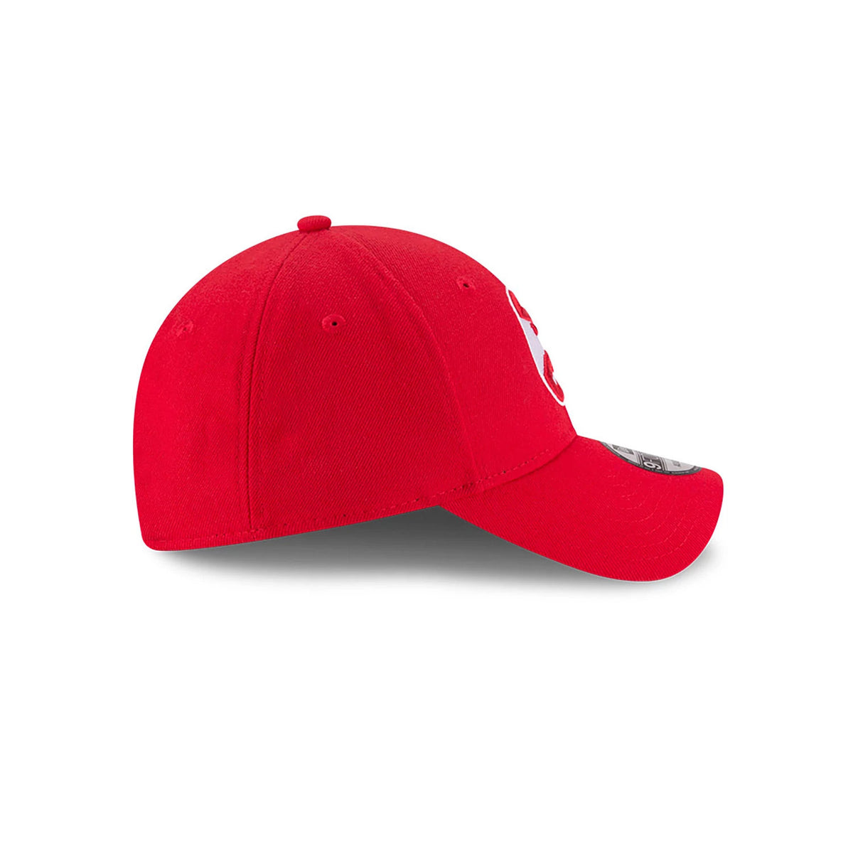Atlanta Hawks NBA The League Red New Era 9FORTY Adjustable Cap, side view with a structured red crown and slightly curved visor, featuring the white New Era flag logo on the left side and a 9FORTY size sticker on the visor.