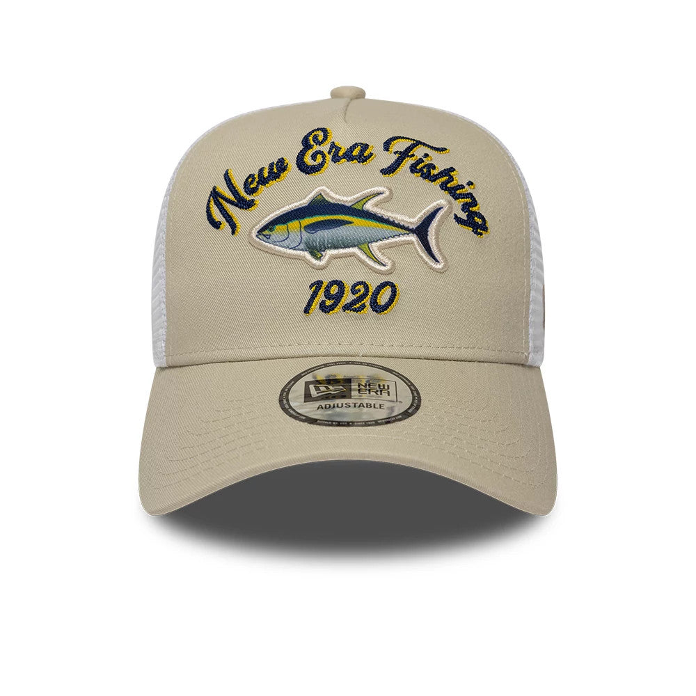 Pictured is this New Era Fishing 9FORTY A-Frame Trucker Adjustable cap in light beige. 2