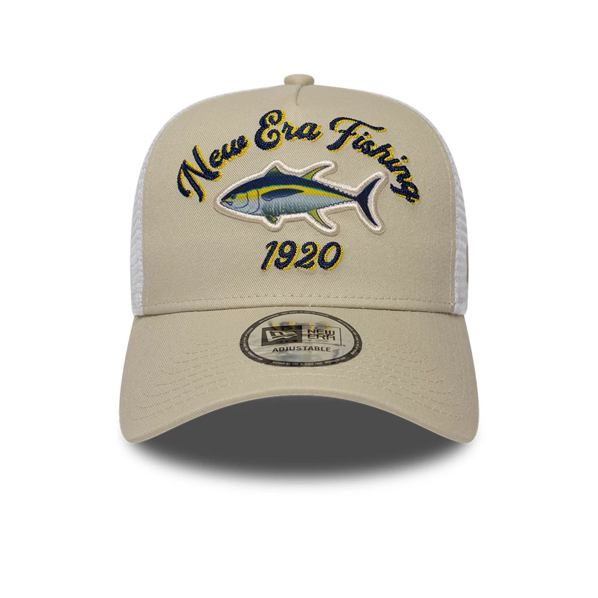 Pictured is this New Era Fishing 9FORTY A-Frame Trucker Adjustable cap in light beige. 2