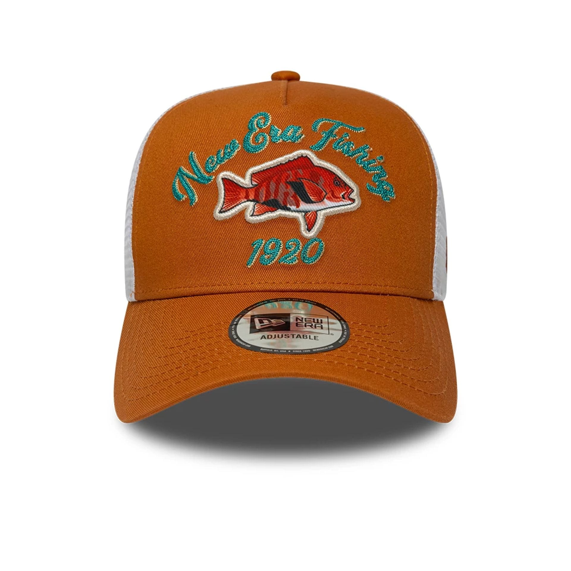Pictured is this New Era Fishing 9FORTY A-Frame Trucker Adjustable cap in orange. 2