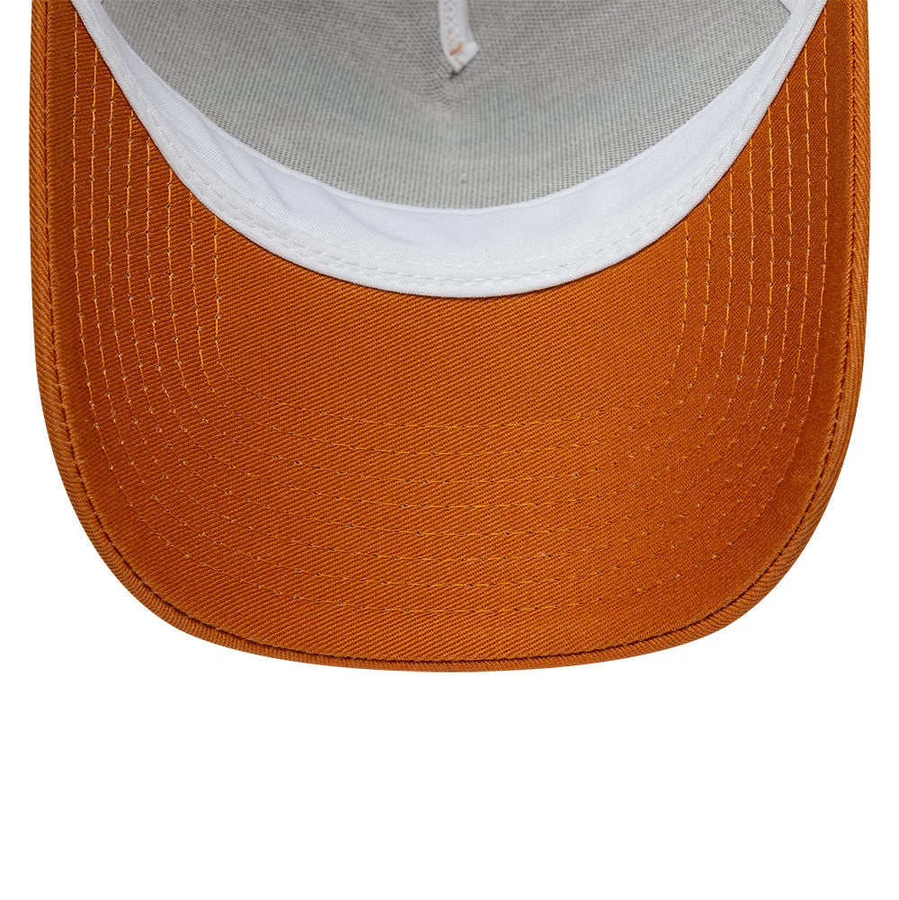 New Era Fishing Orange 9FORTY A-Frame Trucker Adjustable Cap, inside view featuring the white sweatband and grey undervisor, with orange stitching on the underside of the visor creating a contrasting, structured look.
