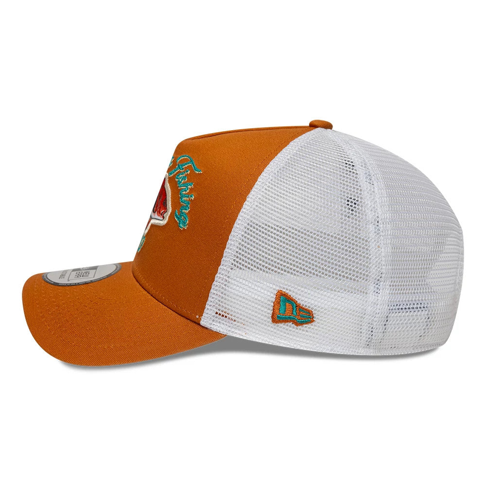 New Era Fishing Orange New Era 9FORTY A-Frame Trucker Adjustable Cap, side view with white mesh back panels, orange embroidered New Era flag logo on the left side, and circular 9FORTY size sticker on the orange visor.