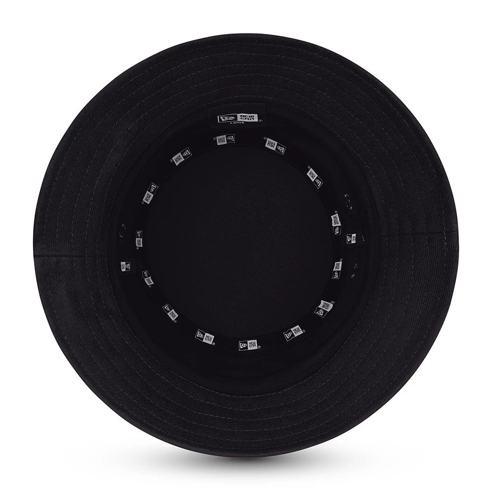New Era Essential Black Bucket Hat, inside view showing black sweatband with white taping featuring New Era logos, surrounding the round crown interior, and wide black stitching around the structured brim.