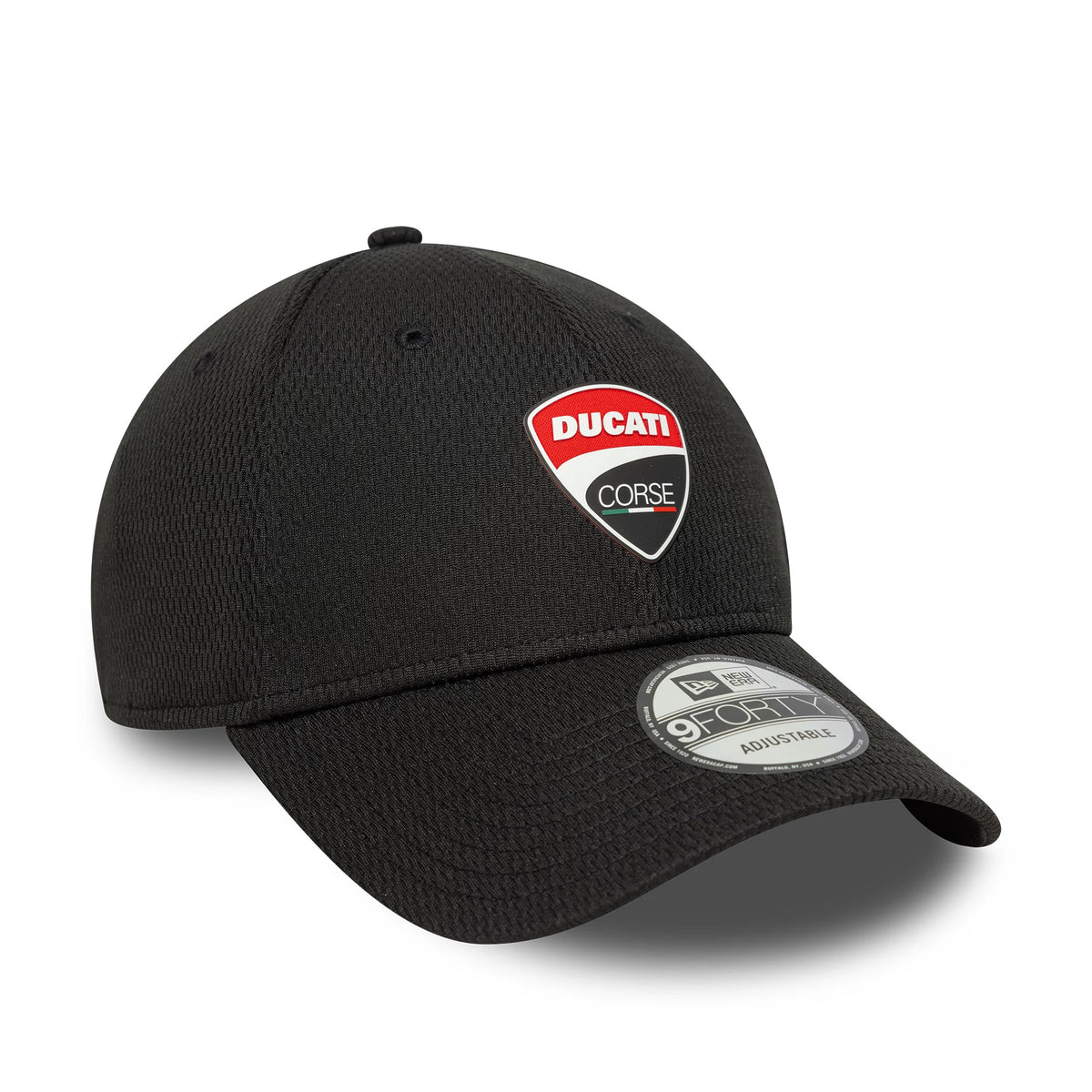 Ducati Motor Logo Dashmark Mesh Black New Era 9FORTY Adjustable Cap, three-quarter view showing the red, white and black embroidered Ducati Corse logo on the front panel, with a 9FORTY size sticker on the curved visor.