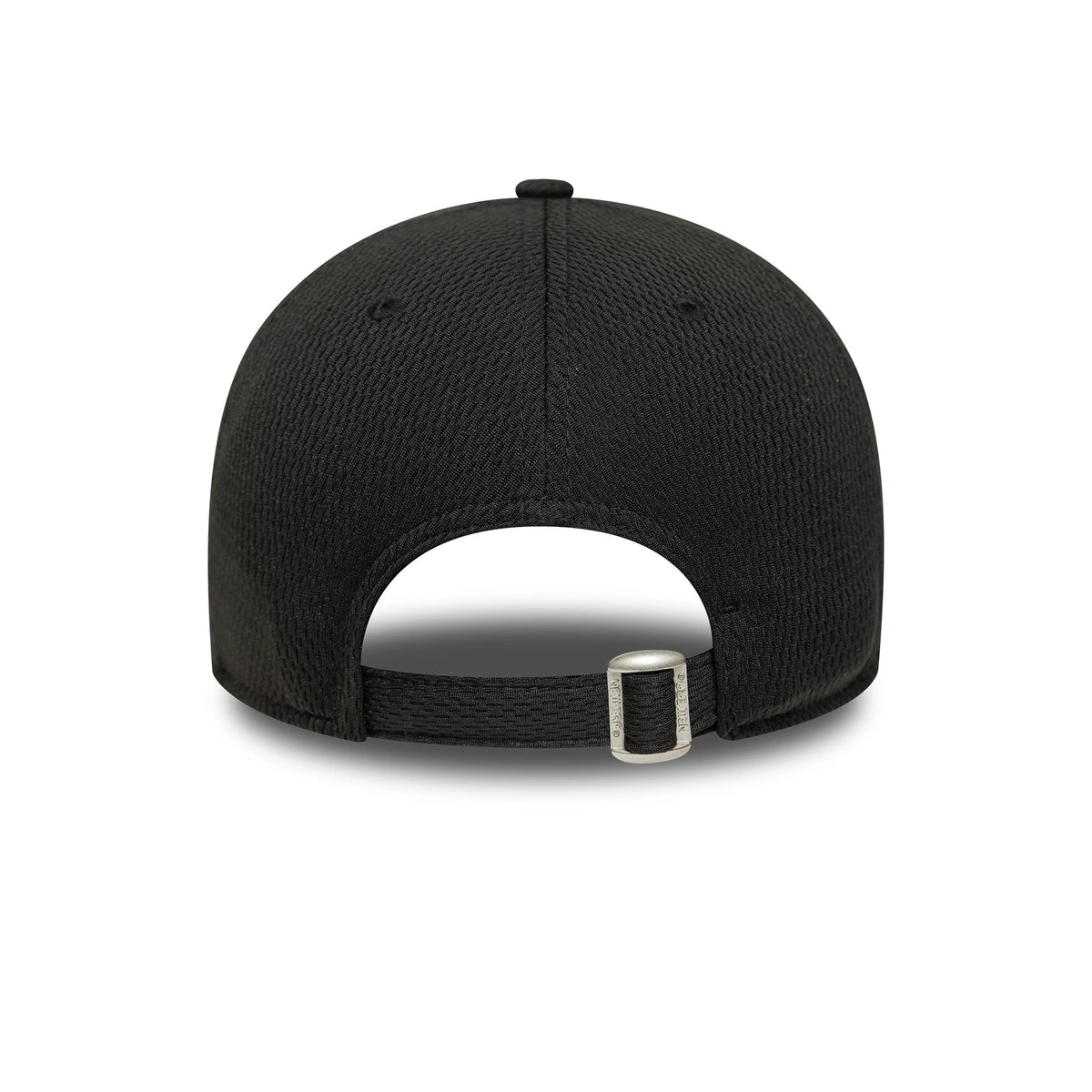 Ducati Motor Logo Dashmark Mesh Black New Era 9FORTY Adjustable Cap, rear view showing the open mesh back with an adjustable strap featuring a silver buckle, highlighting the texture of the black crown.