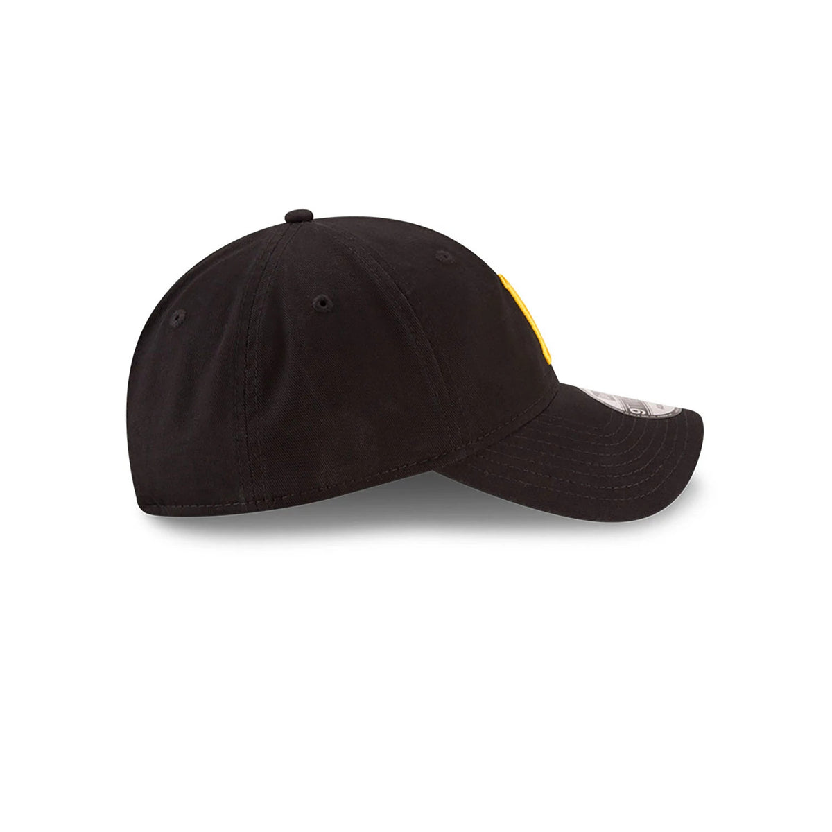 Pittsburgh Pirates MLB Core Classic Black New Era 9TWENTY Adjustable Cap, side view showing the curved visor with a 9TWENTY size sticker and yellow embroidered Pirates "P" logo on the front panel.