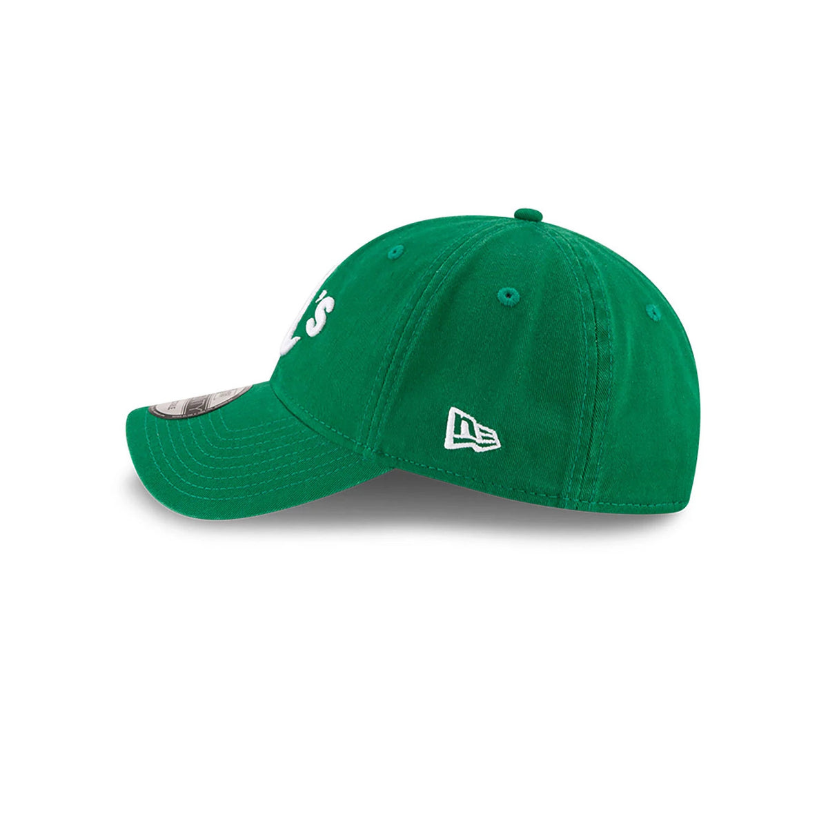 Athletics MLB Core Classic Green New Era 9TWENTY Adjustable Cap, side view with the white New Era flag logo on the left side, showing the green curved visor and white embroidered eyelets on the structured green crown.