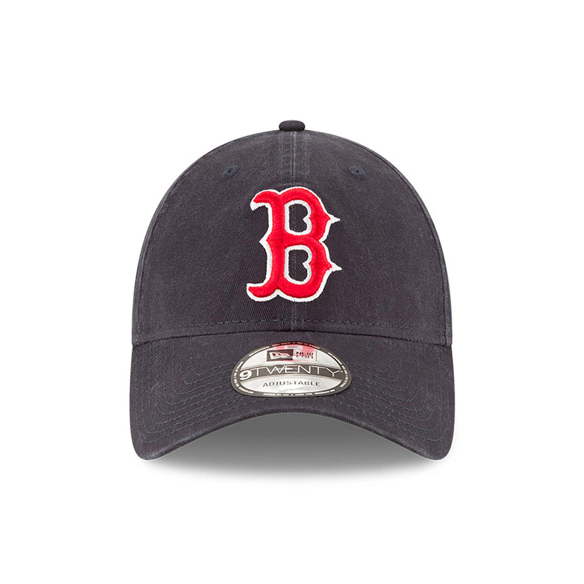 Boston Red Sox MLB Core Classic Navy New Era 9TWENTY Adjustable Cap, front view showing the raised red B logo embroidered on the front panel with a curved visor and a 9TWENTY size sticker on top.