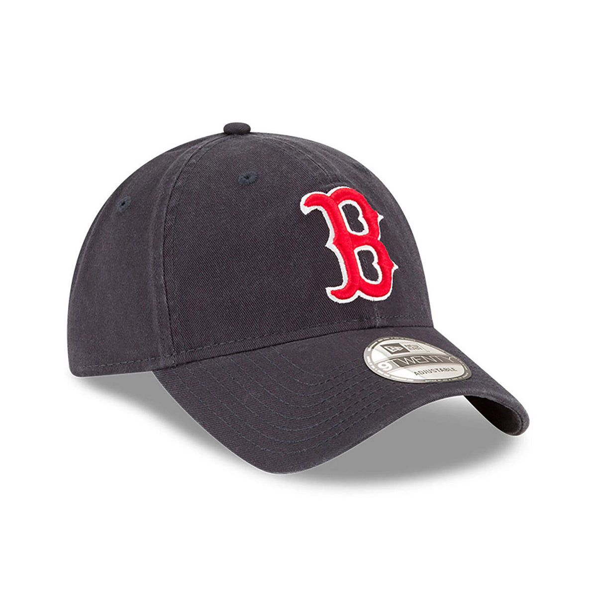 Boston Red Sox MLB Core Classic Navy New Era 9TWENTY Adjustable Cap, front view showing the raised red B logo in white outline embroidery on the front panel, with a curved visor and a 9TWENTY size sticker on top.