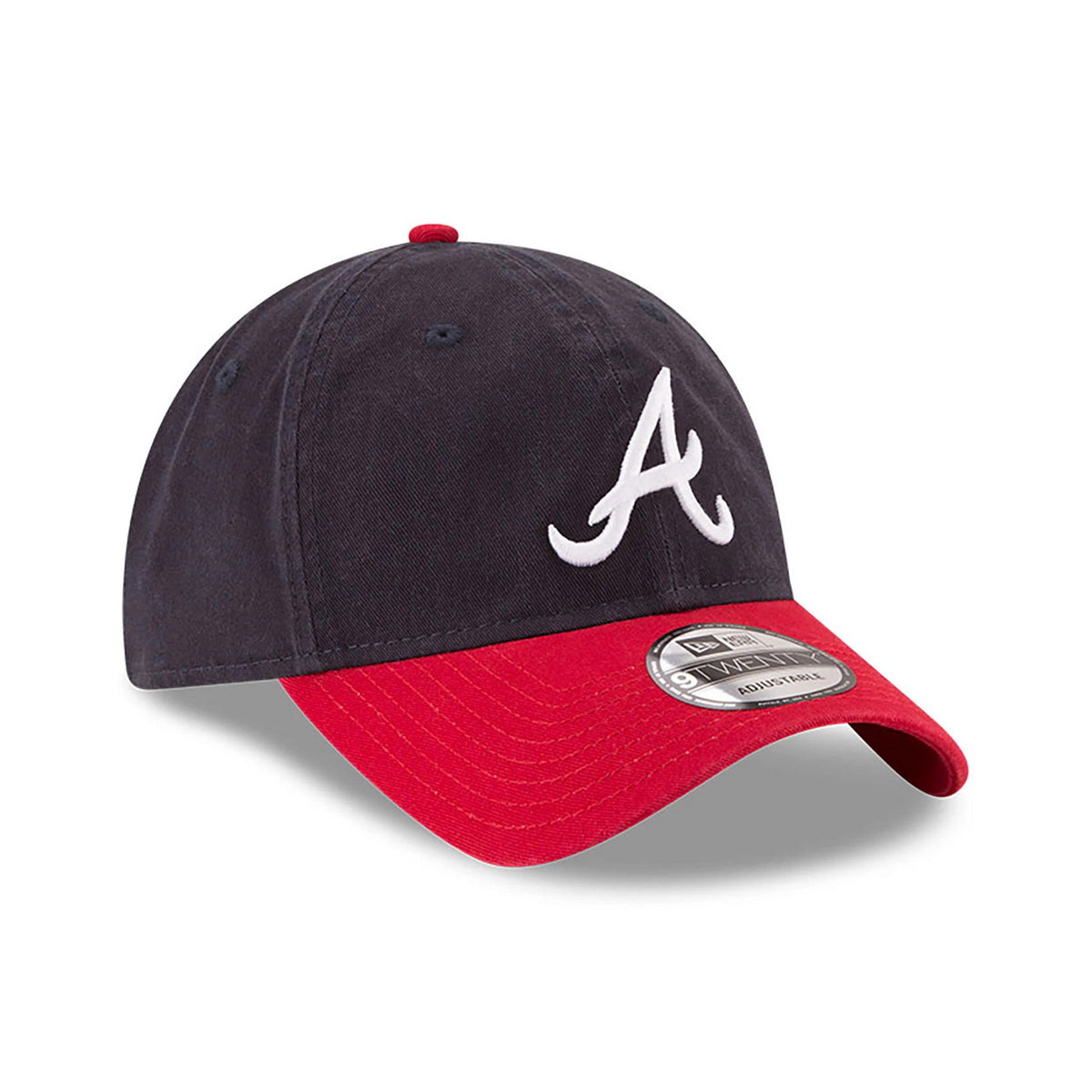 Atlanta Braves MLB Core Classic Navy and Red New Era 9TWENTY Adjustable Cap, front view showing the white embroidered A logo on the structured navy crown, with a red curved visor and a silver 9TWENTY size sticker on top.